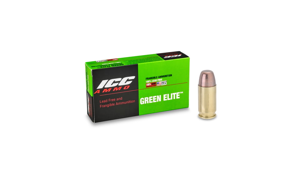 ICC Ammo Green Elite .380 ACP 75 Grain Frangible Flat Point Brass Pistol Ammo, 50 Rounds, 380-075CTNT-B