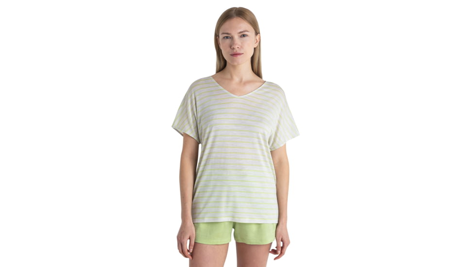 Icebreaker Merino Drayden Reversible SS Top Stripe - Womens, Ecru Heather/Glazen/S, Medium, IB0A56ZWB78M