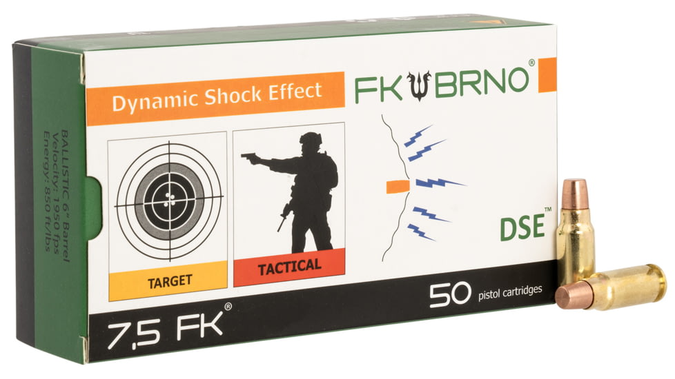 FK BRNO 7.5 FK, 101 Grain, Solid Flat Nose Brass Cased Centerfire, Pistol Ammo, 50 Rounds, FKAMHVF950-50RD