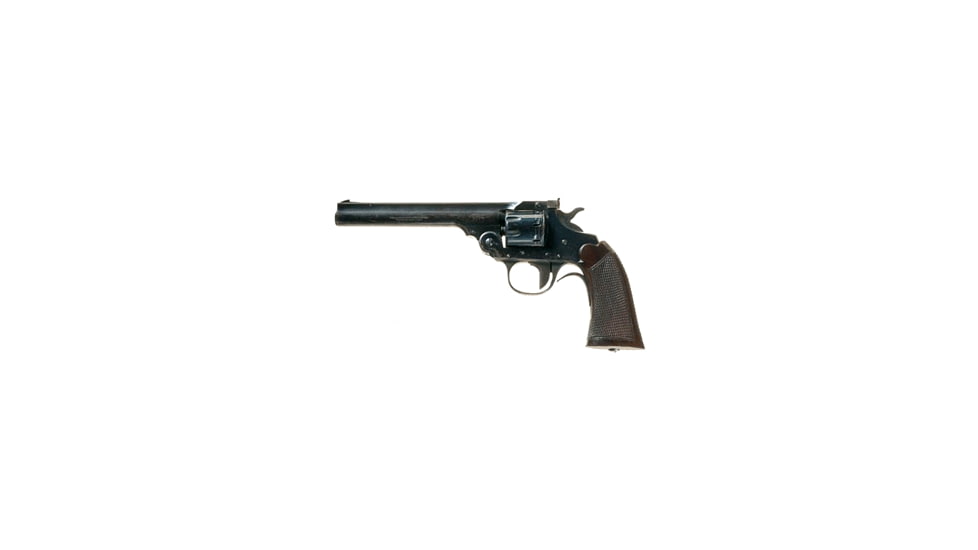 Iver Johnson Arms 822-Champion Revolver, .22 Long Rifle, 6in barrel, blued finish steel frame, checkered walnut grip, revolving chamber, fixed blade front, adjustable rear, 8 round cylinder, IJ-822 CH-.22LR-6-1-FRRMPG