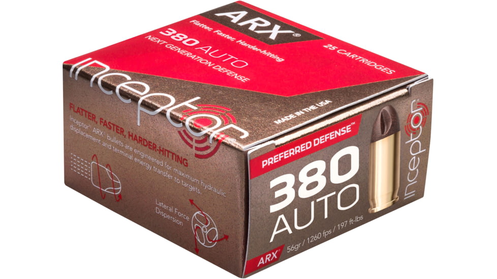 Inceptor Ammunition .380 ACP 56 Grain Jacketed Hollow Point Centerfire Pistol Ammo, 25 Rounds, 838040025