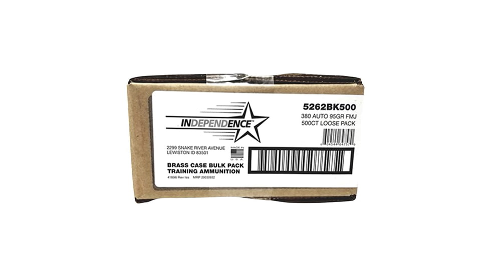 Independence Ammo Independence Ammo .380 Auto 95 Grain Full Metal Jacket Brass Cased Centerfire Pistol Ammo, 500 Rounds, 5262BK500