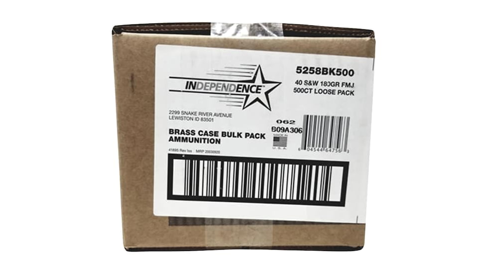 Independence Ammo .40 S&amp;W 180 Grain Full Metal Jacket Brass Pistol Ammo, 500 Rounds, 5258BK500
