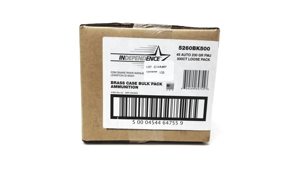 Independence Ammo Independence Ammo .45 Auto 230 Grain Full Metal Jacket Brass Cased Centerfire Pistol Ammo, 500 Rounds, 5260BK500