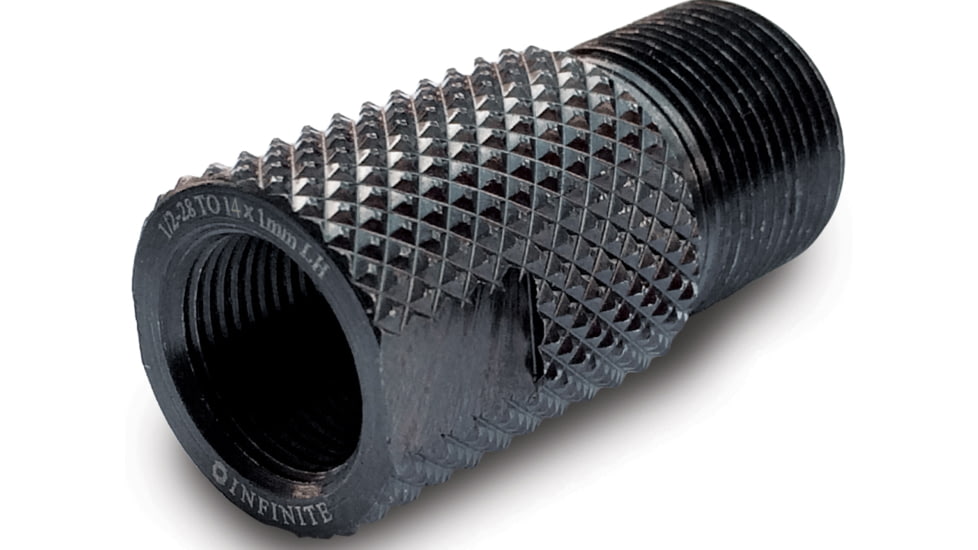 Infinite Product Solutions 1/2-28 - M14 x 1 LH Thread Adapter, Black, Knurled, 1228-14LH-BS-K