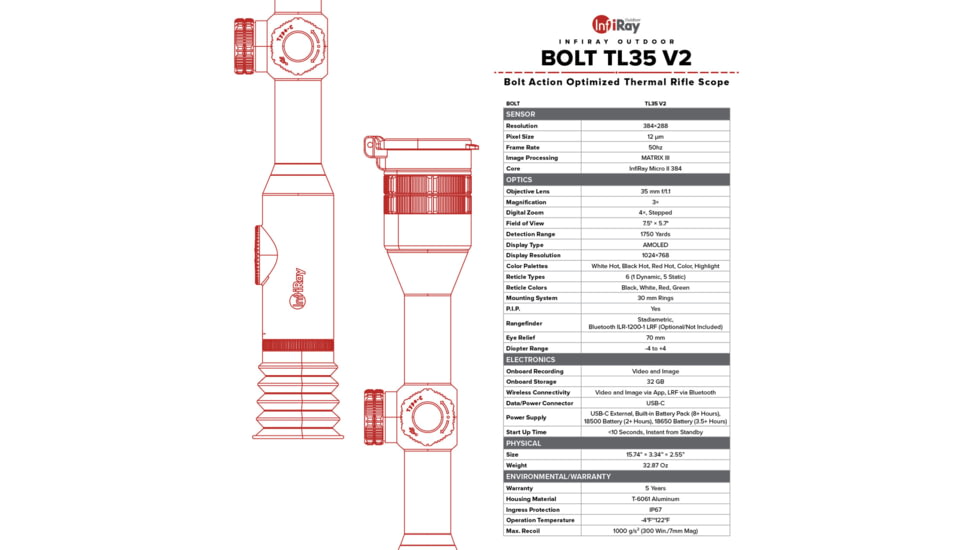InfiRay Outdoor Bolt TL35 V2 3x35mm Thermal Rifle Scope, 384x288, 50hz, Black, Small, IRAY-TL35V2