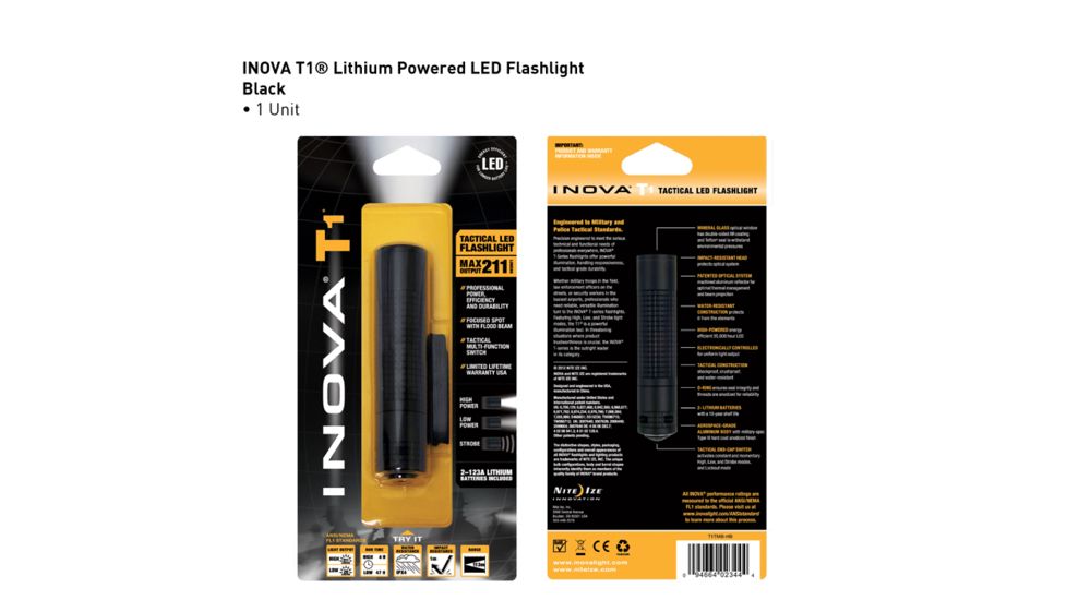 Inova T1 211 Lumens Lithium Powered LED Flashlight, Black T1TMB-HB