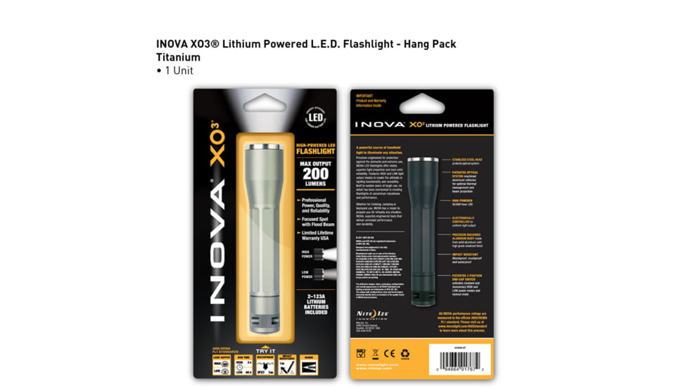 Inova XO3 LED Flashlight, Titanium, Dual Mode, Gift Box XO3DM-GT