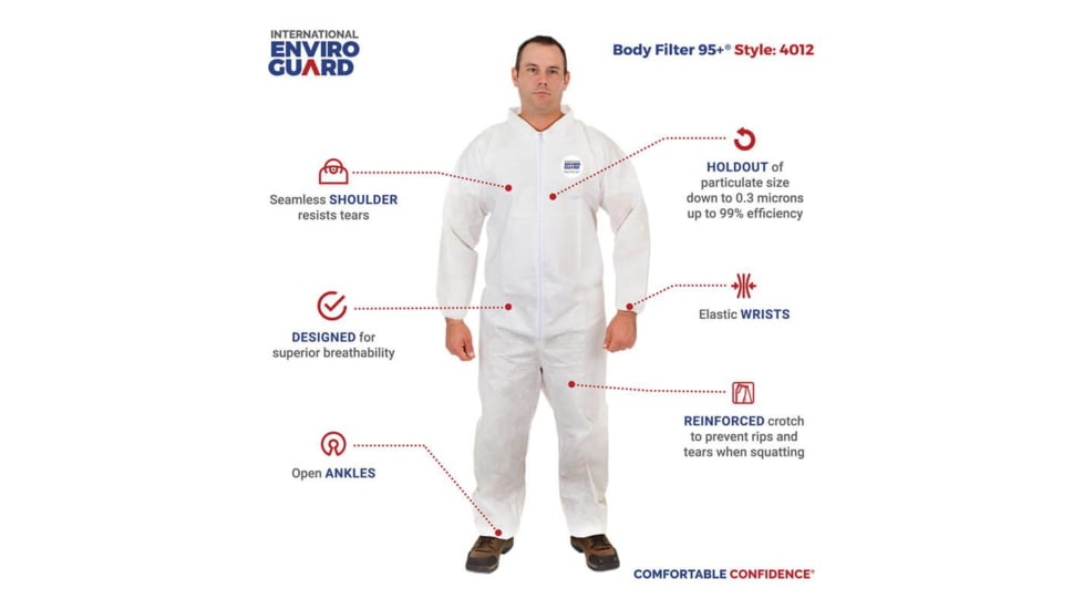 International Enviroguard Body Filter 95+ 4012 Coverall w/Alastic Wrist and Open Ankle, White, Extra Large, Case of 25, 4012XL