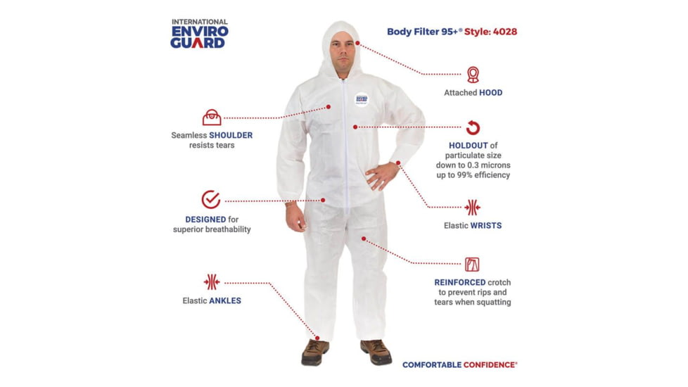 International Enviroguard Body Filter 95+ 4028 Coverall w/Hood, Elastic Wrist &amp; Ankle, White, 2XL, Case of 25, 4028XXL