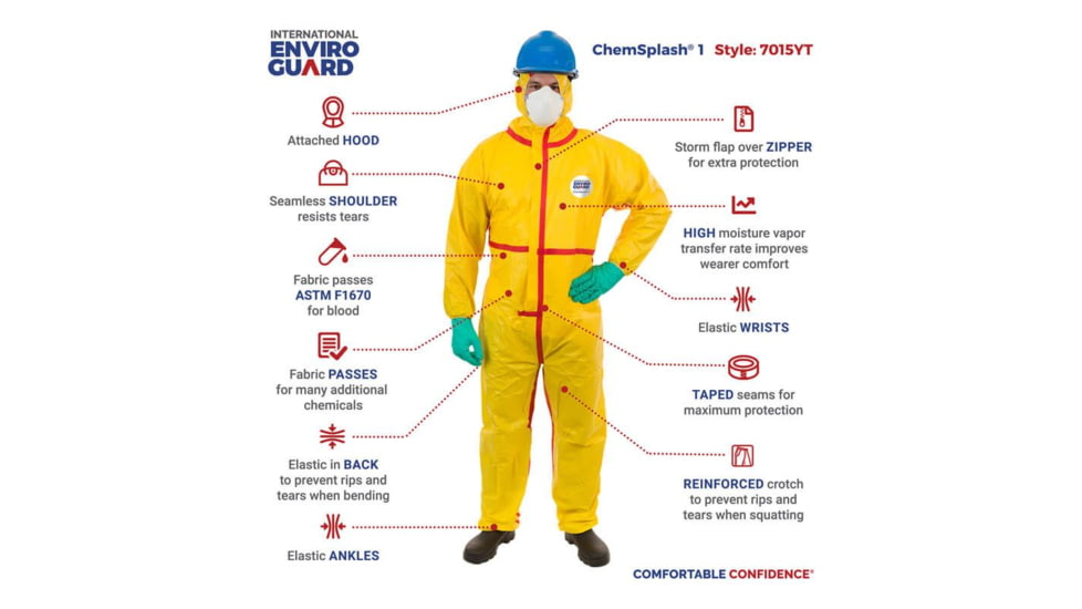 International Enviroguard ChemSplash 1 Coverall w/Hood, Elastic Wrist &amp; Ankle, Yellow, L, 6 Pack, 7015T-L