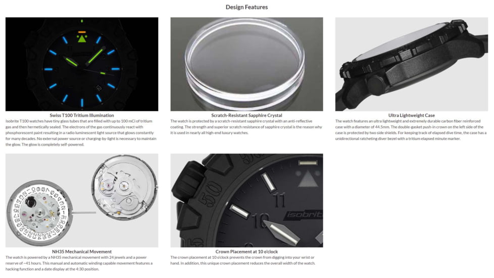 Isobrite ISO1101 Squadron Series T100 Tritium Illuminated Automatic Watch, Black Case, Blackout Dial, 44.5mm, ISO1101