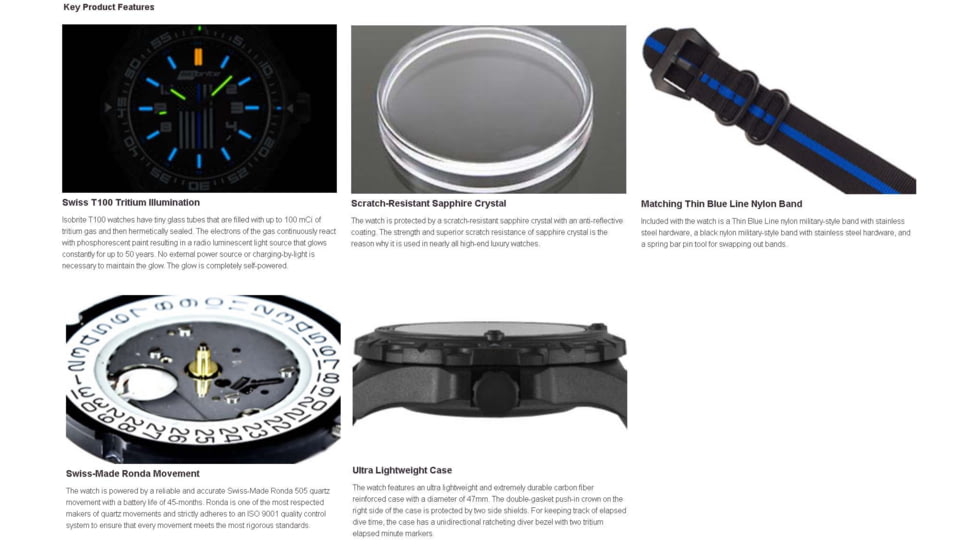 Isobrite Thin Blue Line T100 Tritium Mid-Size Watch, Black/Gray, 39.5mm, ISO3006