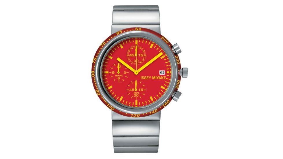Issey Miyake SILAq003 Trapezoid Mens Watch - Silver Metal Band, Red Case