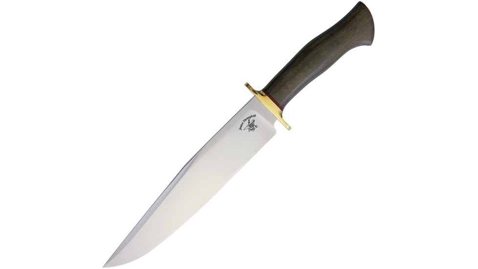 Jesse Hemphill Bowie Green Micarta 80crv2 Fixed Blade Knife, 15in Overall, 9.5in Satin 80Crv2 Carbon Steel Clip Point, Green Canvas Micarta Handle, Brown Leather, BOWIE GREEN MICARTA