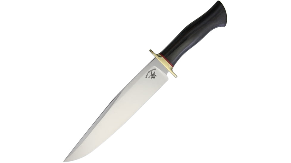 Jesse Hemphill Bowie Micarta 80crv2 Fixed Blade Knife, 15in Overall, 9.5in Satin 80Crv2 Carbon Steel Clip Point, Black Canvas Micarta Handle, Brass Guard, Brown Leather, Black, BOWIE BLACK MICARTA