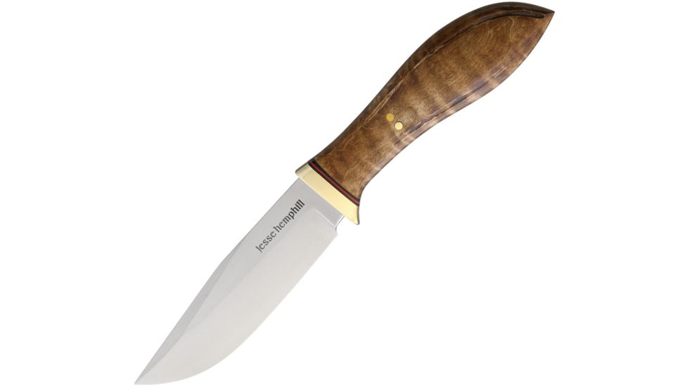 Jesse Hemphill Town Creek Dark Curly Maple Fixed Blade Knife, 4.25in, A2 Tool Steel, Standard Edge, Clip Point, Satin, Wood Handle JH002DCM
