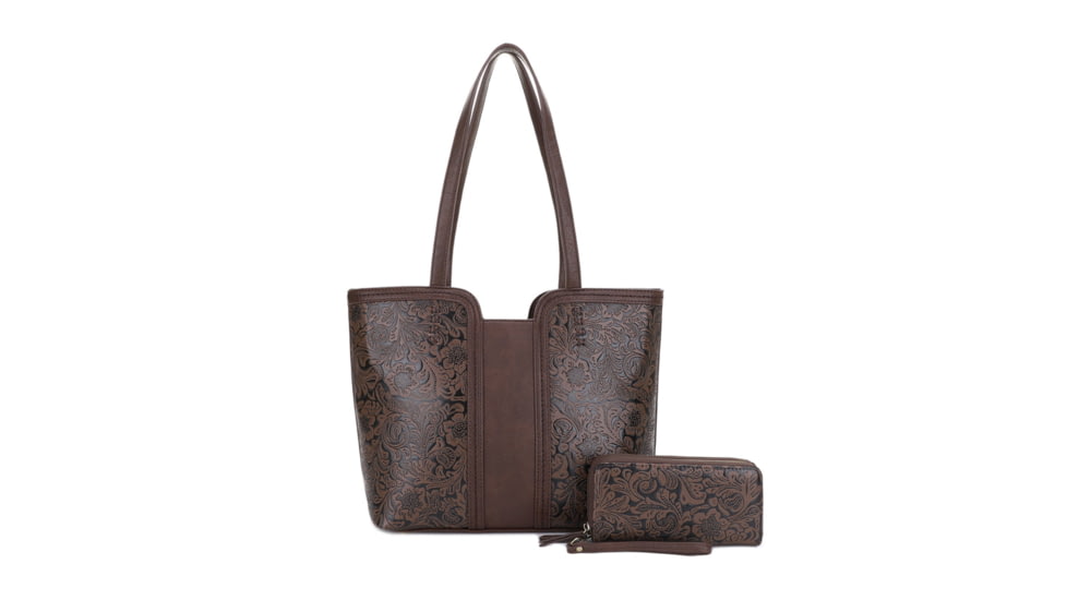 Jessie &amp; James Cassidy Concealed Carry Tote Bag w/Tooling, Matching Wallet, Coffee, SMC60223S CF/CF