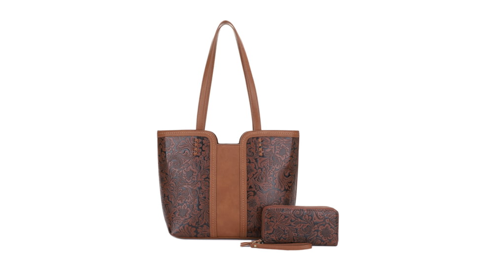 Jessie &amp; James Cassidy Concealed Carry Tote Bag w/Tooling, Matching Wallet, Lt Brown, SMC60223S LBR/BR