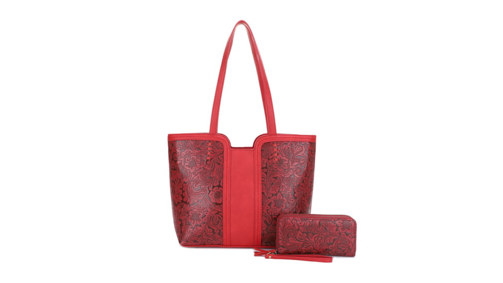 Jessie &amp; James Cassidy Concealed Carry Tote Bag w/Tooling, Matching Wallet, Red, SMC60223S RD/RD