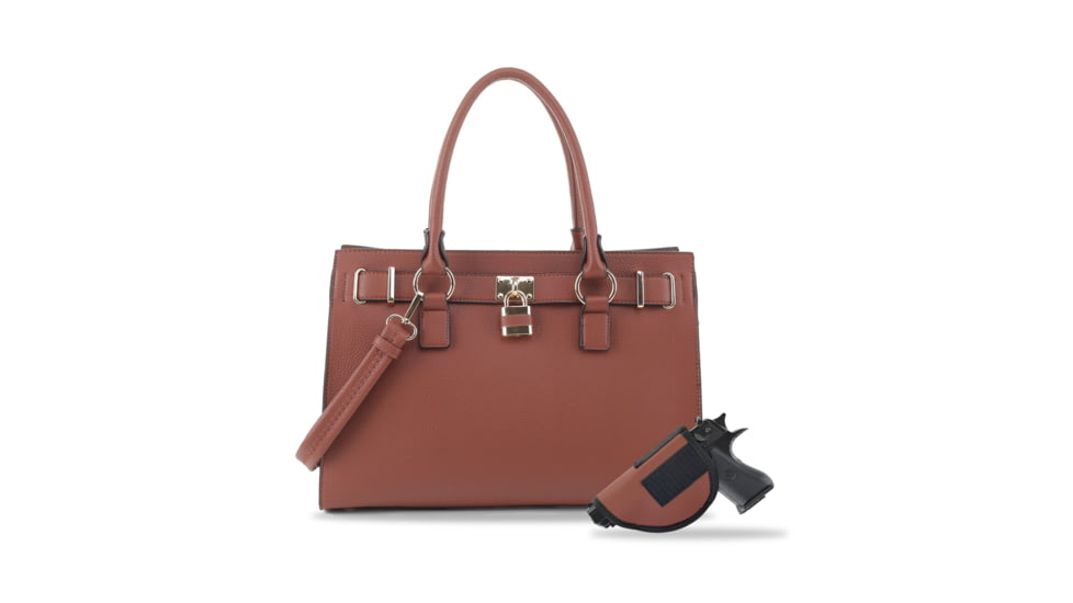 Jessie &amp; James Dina Concealed Carry Lock and Key Satchel CCW Handbag, Brown, AMC23303L BR