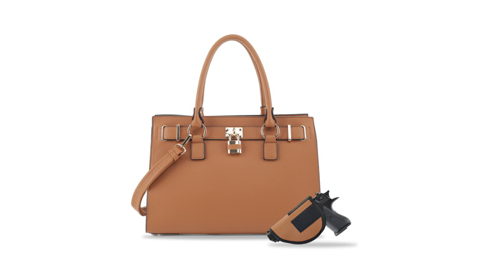 Jessie &amp; James Dina Concealed Carry Lock and Key Satchel CCW Handbag, Tan, AMC23303L TN