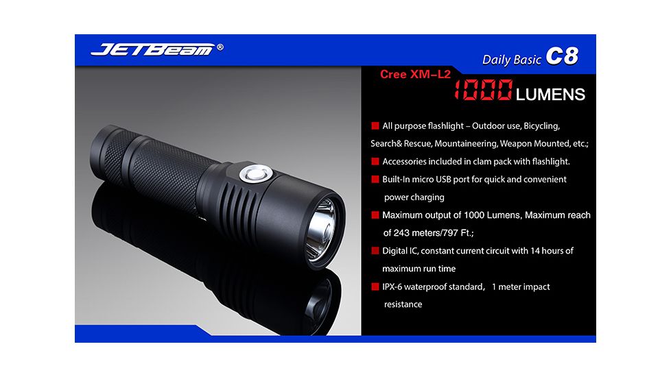 Jetbeam C8 Cree XM-L2 Waterproof LED Flashlight,Black,1000 Lumens JETBEAM-C8-XML2