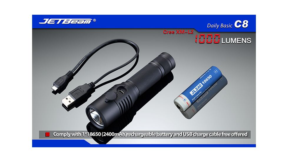 Jetbeam C8 Cree XM-L2 Waterproof LED Flashlight,Black,1000 Lumens JETBEAM-C8-XML2