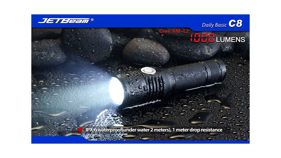 Jetbeam C8 Cree XM-L2 Waterproof LED Flashlight,Black,1000 Lumens JETBEAM-C8-XML2