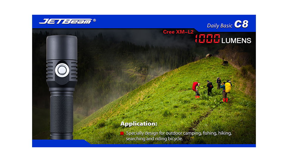 Jetbeam C8 Cree XM-L2 Waterproof LED Flashlight,Black,1000 Lumens JETBEAM-C8-XML2