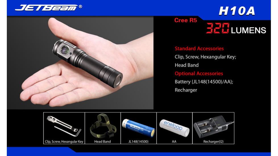 Jetbeam H10A LED Flashlight - CREE R5 - 320 Lumens - Uses 1 x AA or 1 x 14500, Black JETBEAM-H10A-R5