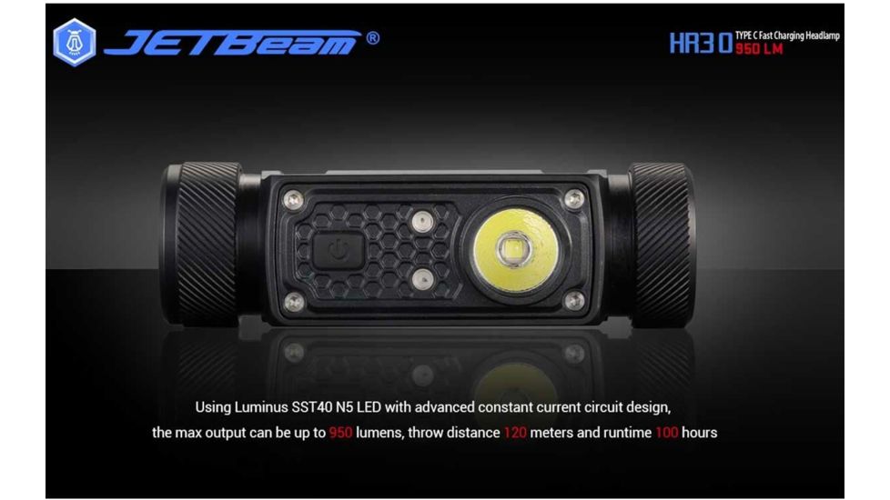 JETBeam HR30 1 x 18650/ 20700/ 2 x CR123A Luminus SST40 N5 LED Rechargeable Headlamp, 950 Lumens, Black, HR30