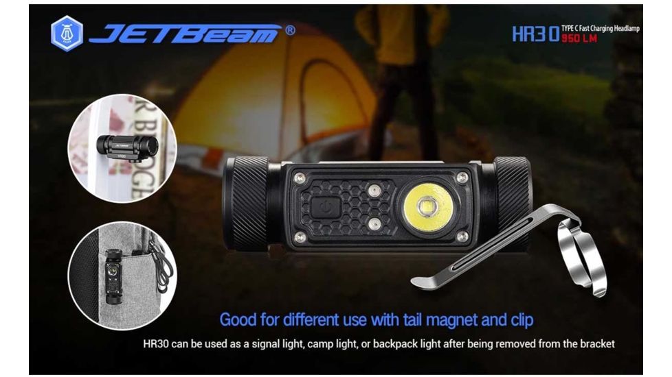 JETBeam HR30 1 x 18650/ 20700/ 2 x CR123A Luminus SST40 N5 LED Rechargeable Headlamp, 950 Lumens, Black, HR30