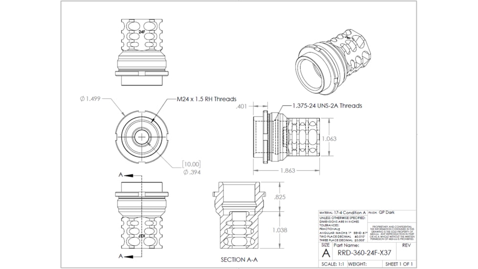 JMac Customs 360 24-1.5 Muzzle Brake with Bravo Suppressor Mount and Blast Shield, Facemount X37, RRD-360-24F-X37+BDS-37