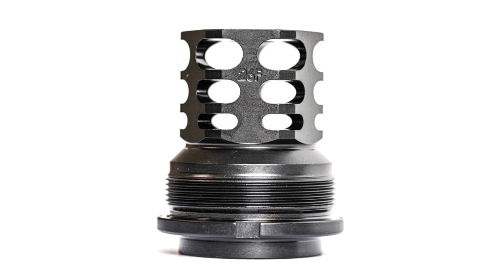 JMac Customs 360 26-1.5LH Muzzle Brake with Bravo Suppressor Mount, Facemount X37, Black, RRD-360-26F-X37