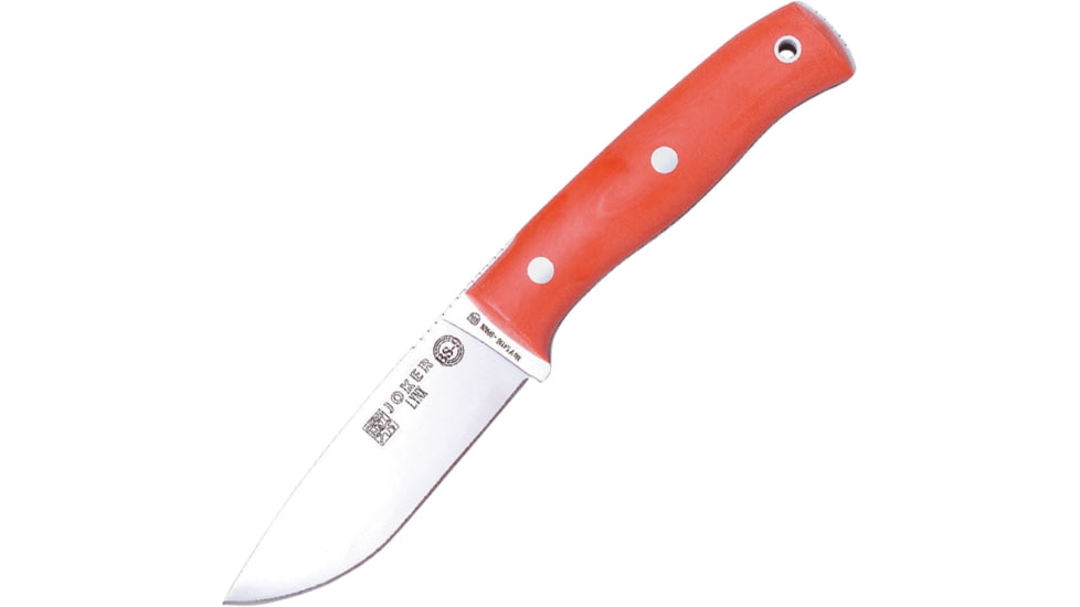 Joker Knives Bushcraft Survival Fixed Blade Knife, 9in Overall, 4in Satin 1.4116 SS Drop Point, Orange Canvas Micarta Handle, Comes w/2 Meters Of 550 Paracord, Black Leather Belt Sheath, Orange, CN111