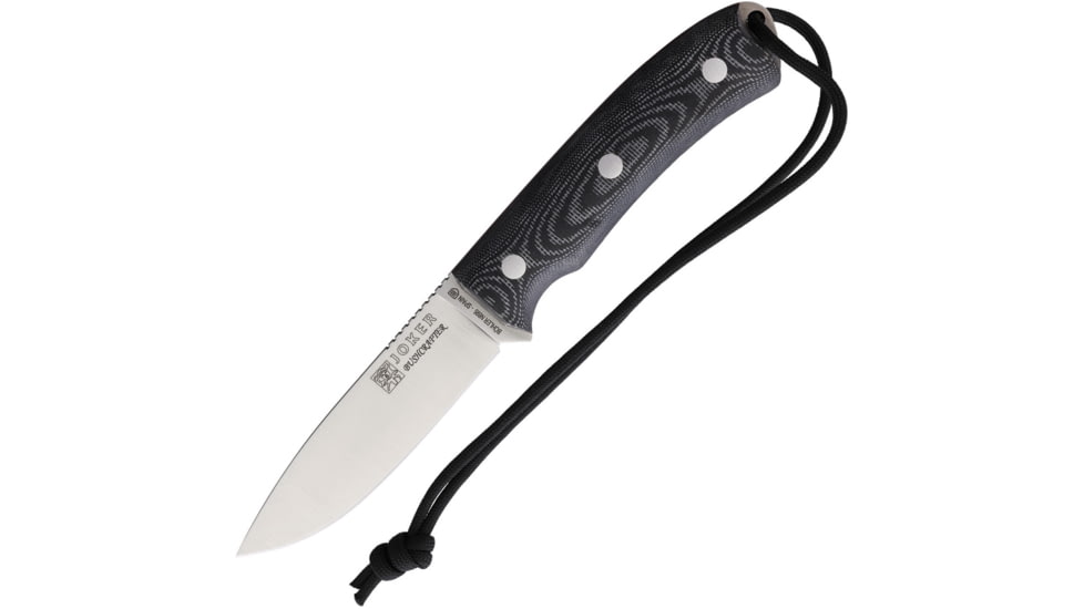 Joker Knives Bushcrafter Fixed Blade Knife, 4.25 satin finish Bohler N695 stainless flat grin, Black micarta handle with red liners, CM120