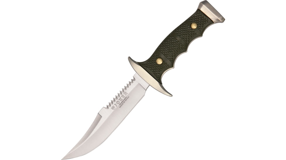 Joker Knives Fixed Blade Knives, 8.13in Overall, 4.5in Satin Sawback SS Clip Point Blade, Green Checkered ABS Handle, SS Guard And Pommel, Camo Nylon Sheath, JKRCF90