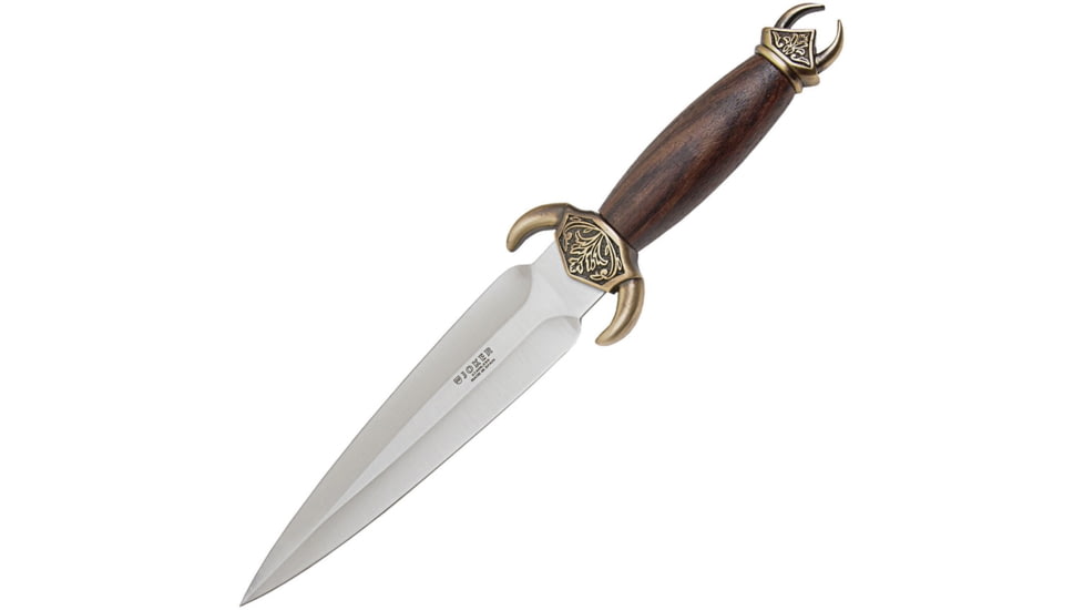 Joker Knives Vikingo Fixed Blade Knife, 13.75in Overall, 8in Satin Double Edge 420 SS Blade, Bubinga Wood Handle, Antique Brass Finish Guard And Pommel, Brown Leather Belt Sheath, CB-94BUSA