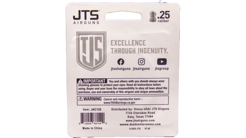 JTS Group Pellets Dead Center, .25 Caliber, Domed, 29.63 Grain, 150 Count, JAC125