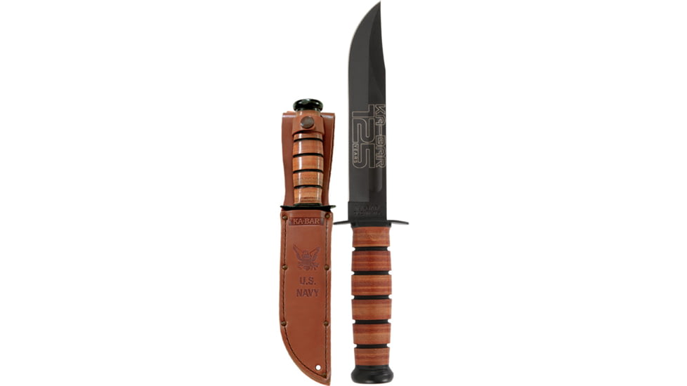 KA-BAR Knives 125th Anniversary USN Knife, 11.88in Overall, 7in Black oxide Coated 1095 Cro-Van Carbon Steel Clip Point Blade, Stacked Leather Handle, Leather Sheath, 9227
