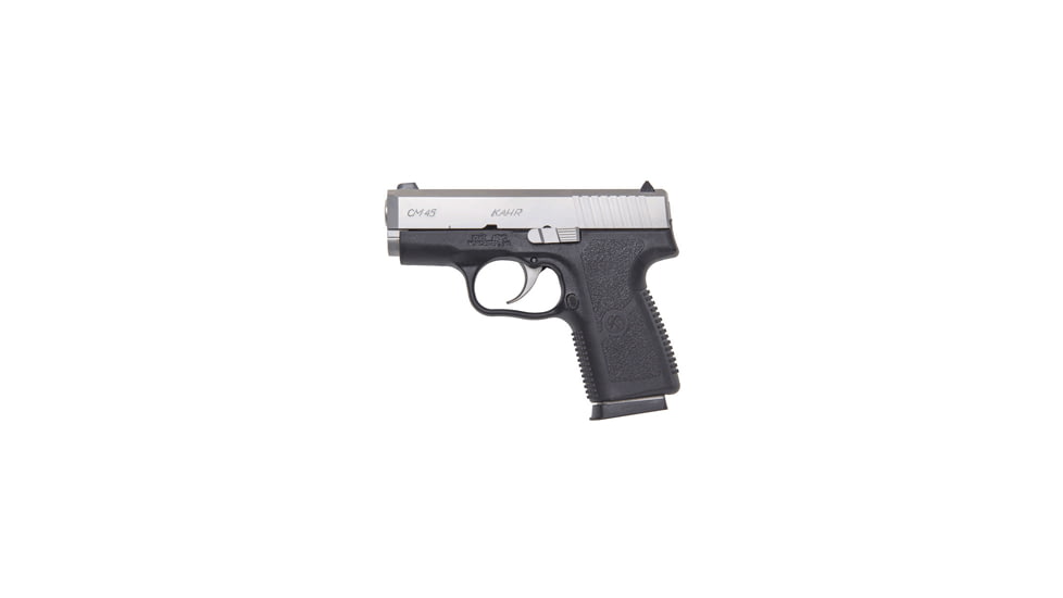Kahr CM45 Pistol, .45 ACP, 3.24in barrel, black polymer frame, integrated polymer grip, recoil operated semi-automatic, white bar-dot combat, 5 round magazine, KA-CM45-45-3.24-1-FRRMPG