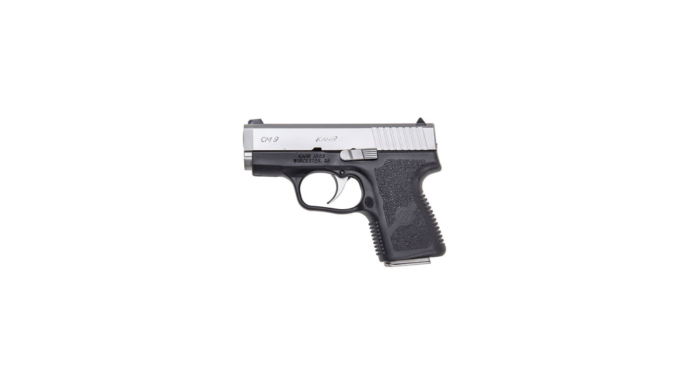 Kahr CM9 Pistol, 9mm Luger, 3in barrel, black polymer frame, textured polymer grip, recoil operated semi-automatic, white bar-dot combat, 6 round magazine, KA-CM9-9MM-3-1-FRRMPG