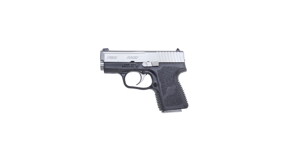 Kahr PM9 Pistol, 9mm Luger, 3.1in barrel, black polymer frame, textured polymer grip, recoil operated semi-automatic, white bar-dot combat, 6 round magazine, KA-PM9-9MM-3.1-1-FRRMPG