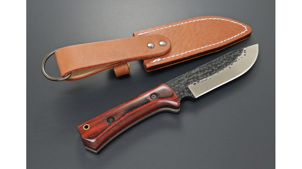 Kanetsune Enyou Tou Fixed Blade Knife, 10.5in Overall, 5.5in Hammer Mark Acid Etched AUS-8 Stainless Steel Blade, Brown Wood Handle, Brown Leather Belt Sheath, KB-166