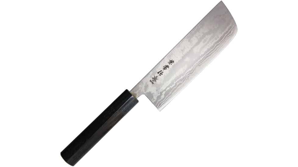 Kanetsune Nakiri Kitchen Knives, 12in Overall, 7in Blade, Red Sandalwood Handle, Blade Features Blue Steel #2 Core With 11 Layer Damascus, Black Plywood Bolster, Red, KC-463