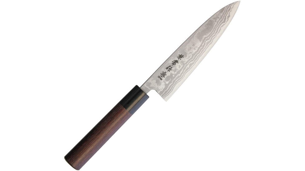 Kanetsune Petty Kitchen Knives, 10.5in Overall, 5.5in Blade, Red Sandalwood Handle, Blade Features Blue Steel #2 Core With 11 Layer Damascus, Black Plywood Bolster, Red, KC-464