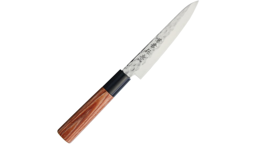 Kanetsune Petty Knife 120mm Kitchen Knives, 9.25in Overall, 5in Hammered Finish Dsr-1K6 Hc SS Blade, Wood Handle, Plastic Guard, KC-954