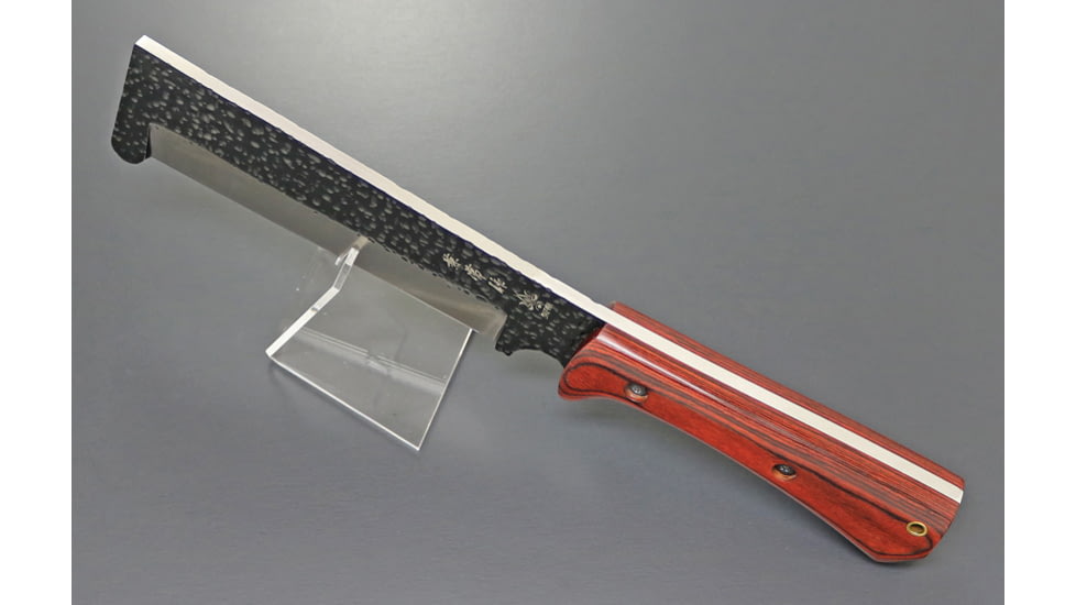Kanetsune Reazen Tou Fixed Blade Knife, 13.25in Overall, 6in Hammer Mark Acid Etched AUS-8 SS Blade, Brown Wood Handle, Brown Leather Belt Sheath, KB-165