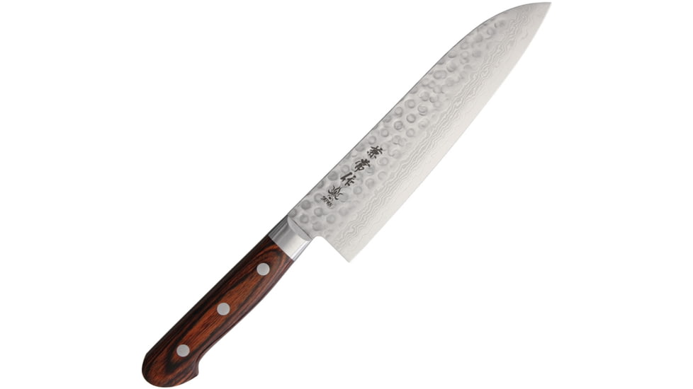 Kanetsune Santoku Kitchen Knives, 12in Overall, 7.5in Hammered Finish Vg-10 Damascus Steel Blade, Brown Laminated Wood Handle, SS Guard, Full Tang, brown, KC-903